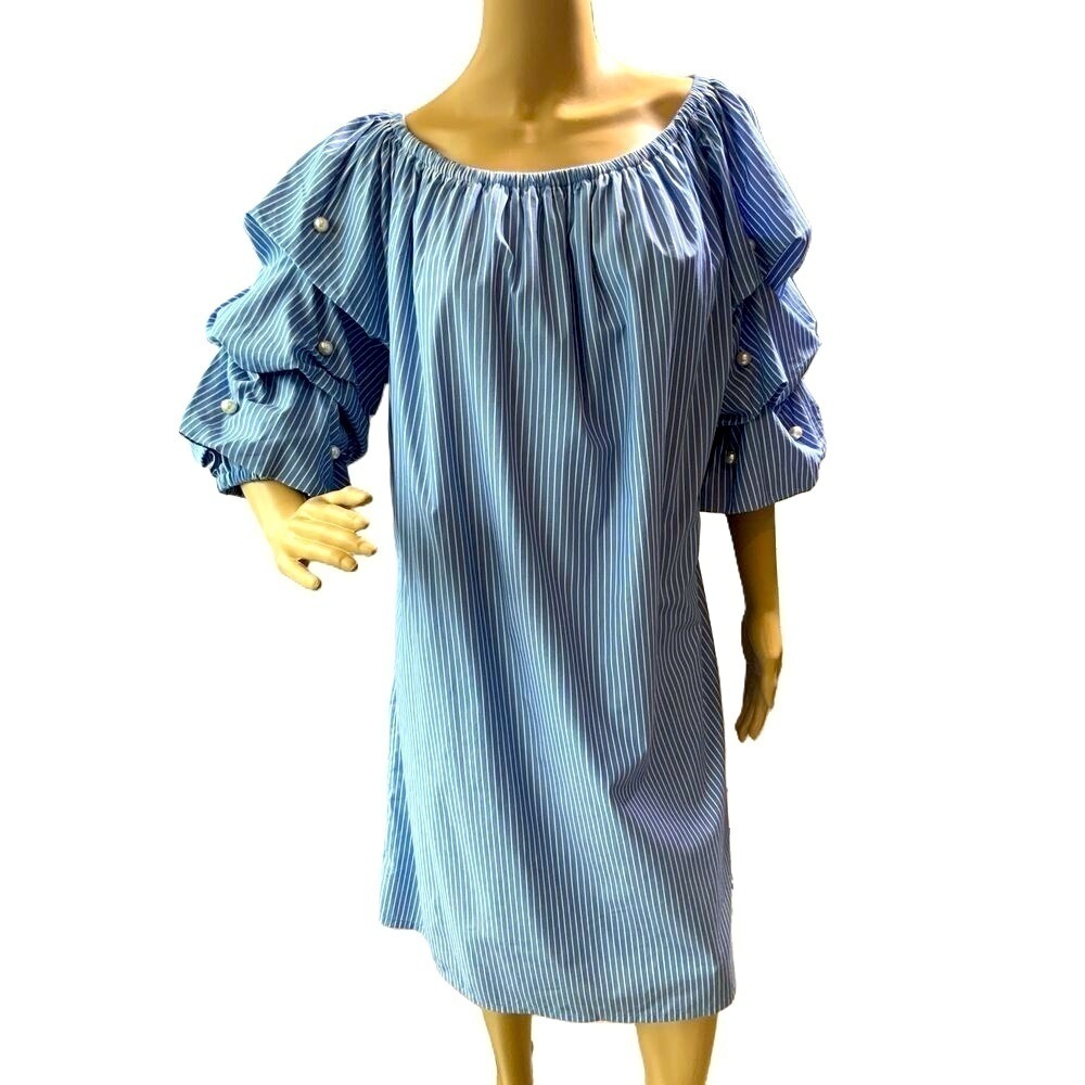 Sam‎ And Jess Blue Striped Off Shoulder Ruffle Long Sleeve Cotton Dress Size 2X